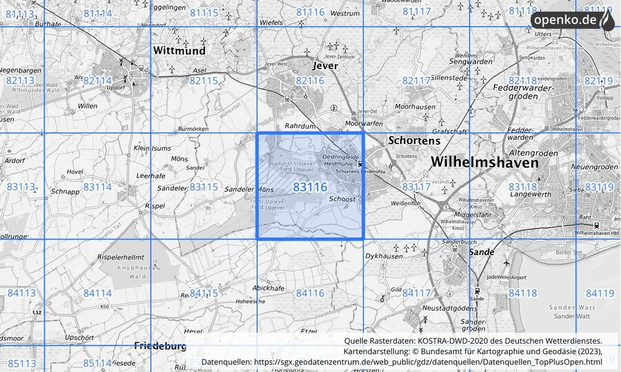 Übersichtskarte des KOSTRA-DWD-2020-Rasterfeldes Nr. 83116