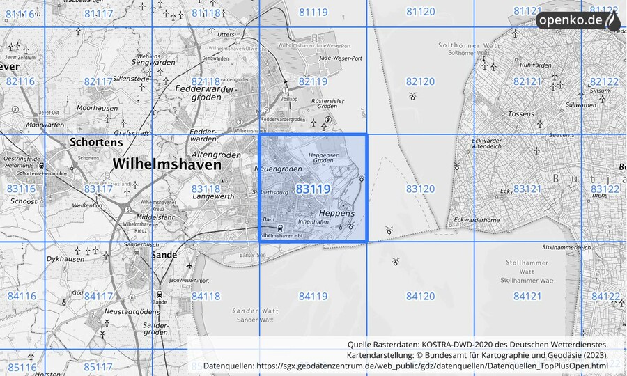 Übersichtskarte des KOSTRA-DWD-2020-Rasterfeldes Nr. 83119