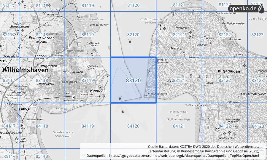 Übersichtskarte des KOSTRA-DWD-2020-Rasterfeldes Nr. 83120