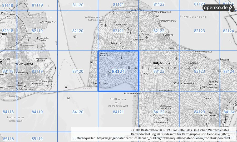 Übersichtskarte des KOSTRA-DWD-2020-Rasterfeldes Nr. 83121