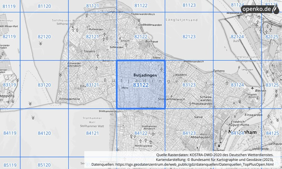 Übersichtskarte des KOSTRA-DWD-2020-Rasterfeldes Nr. 83122