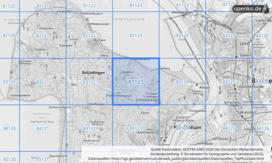 Übersichtskarte des KOSTRA-DWD-2020-Rasterfeldes Nr. 83123