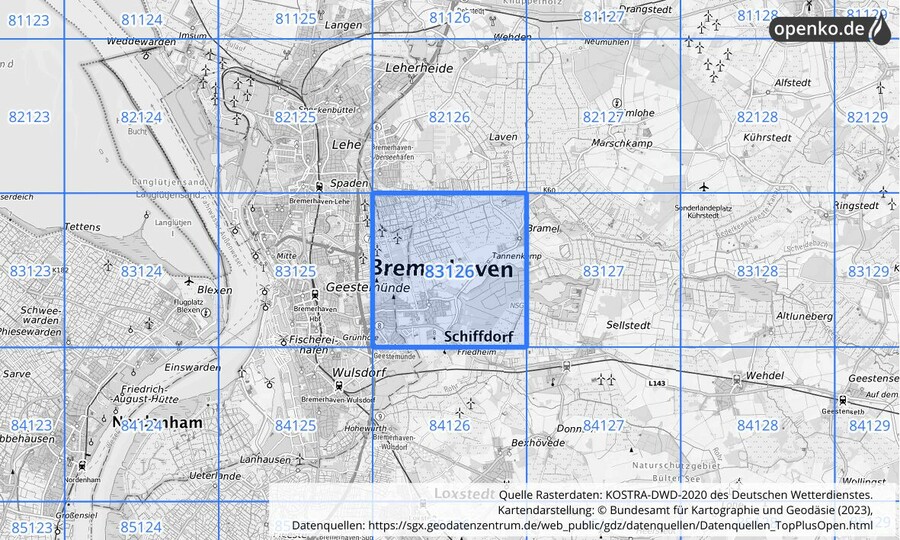 Übersichtskarte des KOSTRA-DWD-2020-Rasterfeldes Nr. 83126