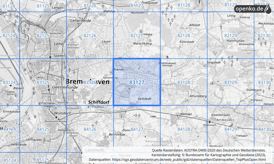 Übersichtskarte des KOSTRA-DWD-2020-Rasterfeldes Nr. 83127