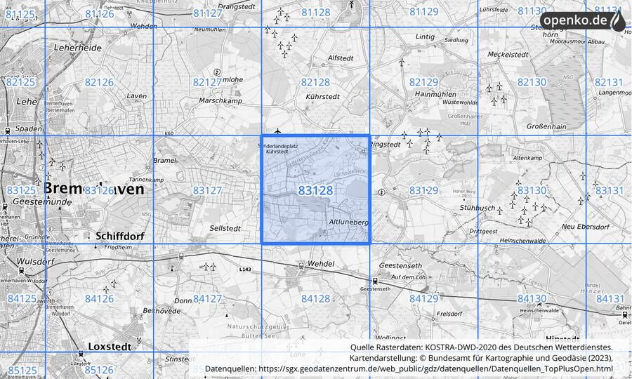 Übersichtskarte des KOSTRA-DWD-2020-Rasterfeldes Nr. 83128