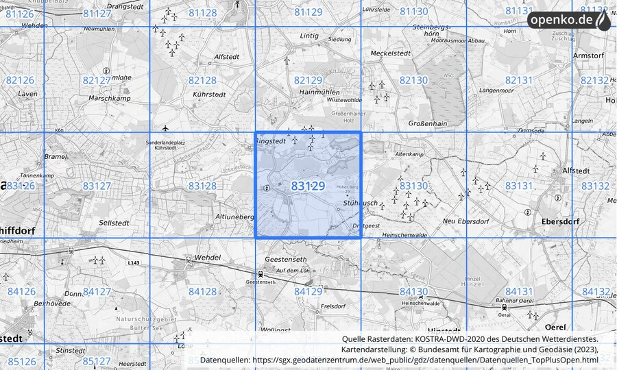 Übersichtskarte des KOSTRA-DWD-2020-Rasterfeldes Nr. 83129