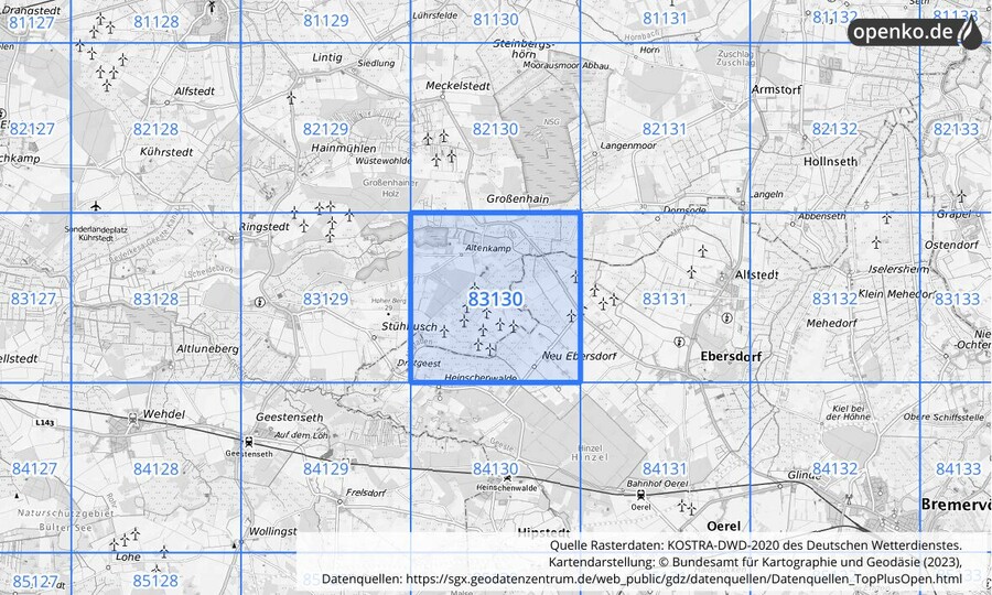 Übersichtskarte des KOSTRA-DWD-2020-Rasterfeldes Nr. 83130