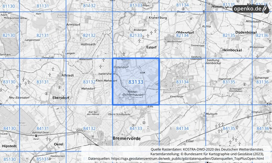 Übersichtskarte des KOSTRA-DWD-2020-Rasterfeldes Nr. 83133