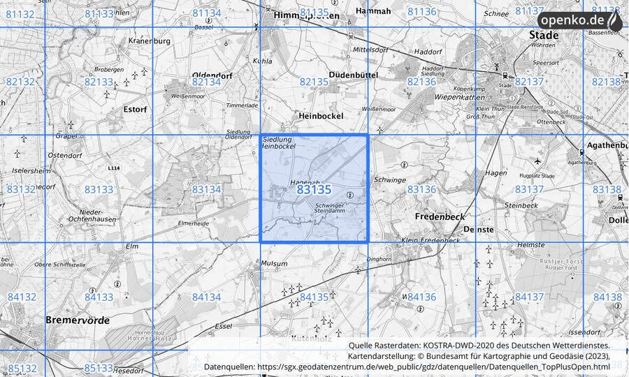 Übersichtskarte des KOSTRA-DWD-2020-Rasterfeldes Nr. 83135