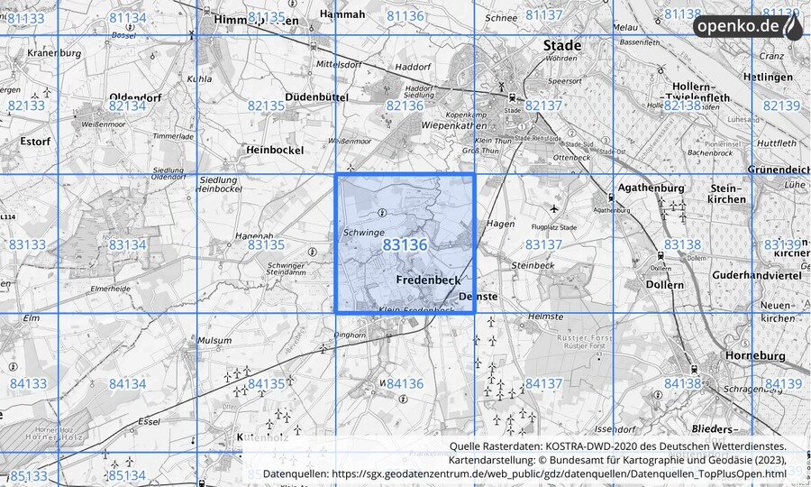 Übersichtskarte des KOSTRA-DWD-2020-Rasterfeldes Nr. 83136