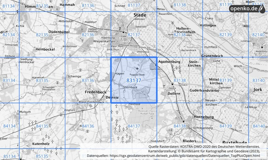 Übersichtskarte des KOSTRA-DWD-2020-Rasterfeldes Nr. 83137