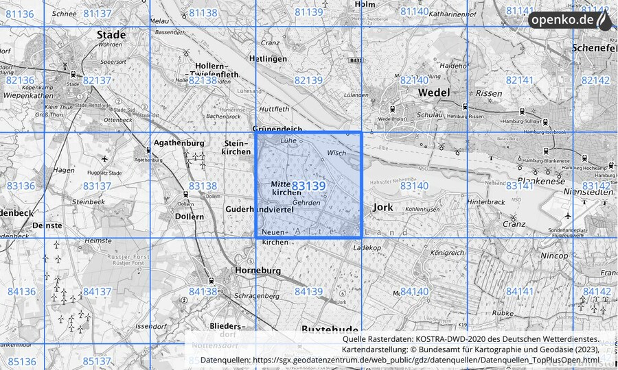 Übersichtskarte des KOSTRA-DWD-2020-Rasterfeldes Nr. 83139