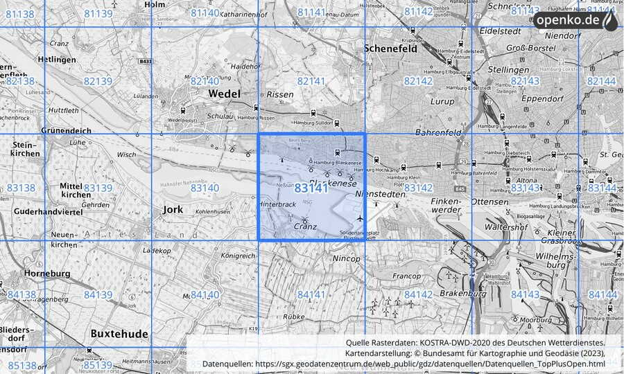 Übersichtskarte des KOSTRA-DWD-2020-Rasterfeldes Nr. 83141