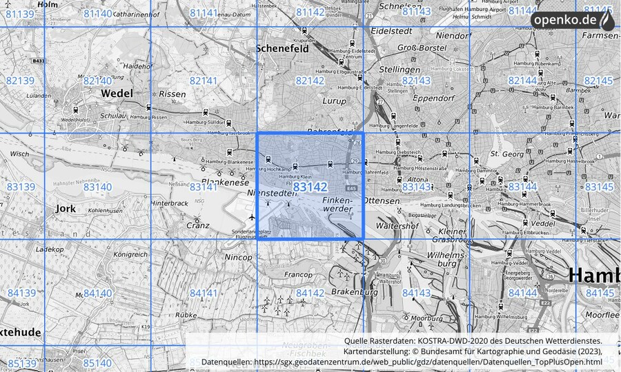 Übersichtskarte des KOSTRA-DWD-2020-Rasterfeldes Nr. 83142