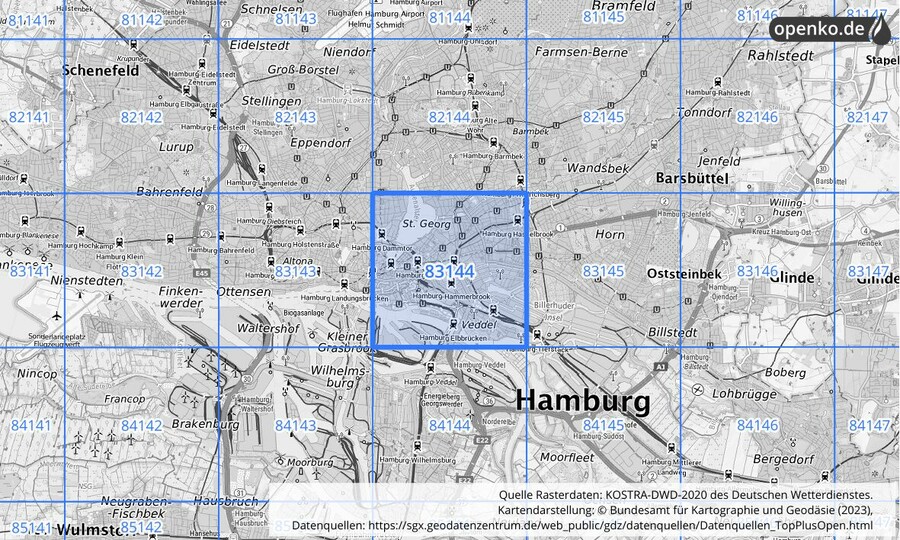 Übersichtskarte des KOSTRA-DWD-2020-Rasterfeldes Nr. 83144