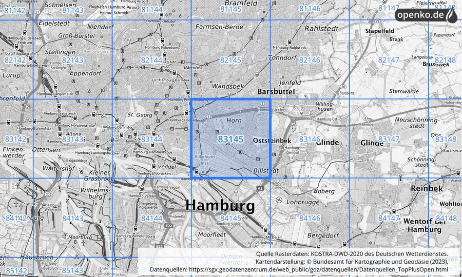 Übersichtskarte des KOSTRA-DWD-2020-Rasterfeldes Nr. 83145