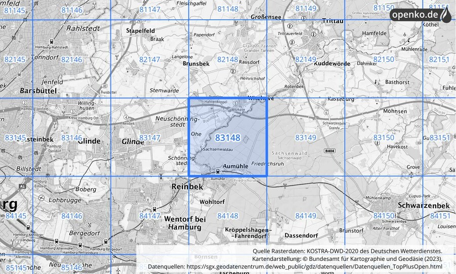 Übersichtskarte des KOSTRA-DWD-2020-Rasterfeldes Nr. 83148