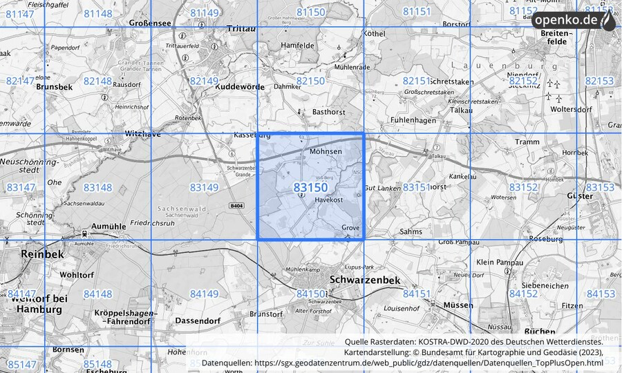 KOSTRA-DWD-2020 Rasterfeld Nr. 83150