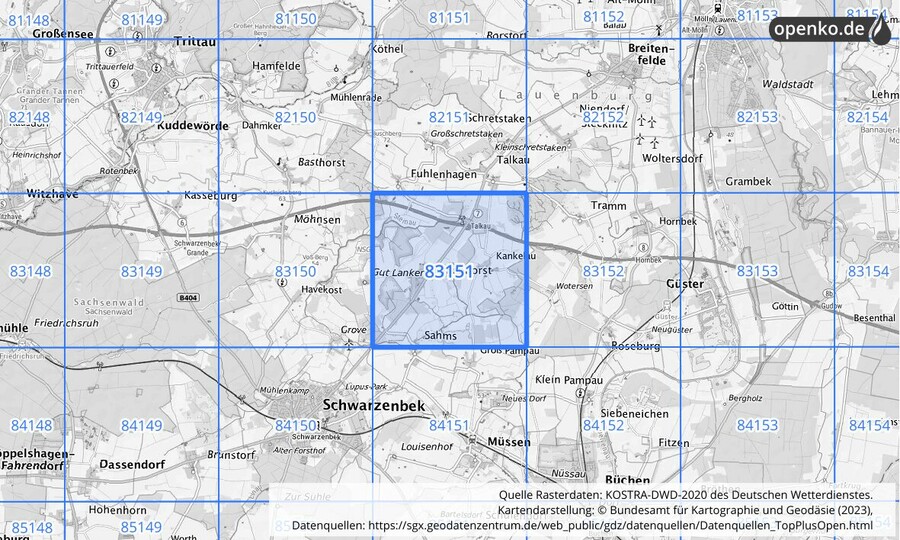 Übersichtskarte des KOSTRA-DWD-2020-Rasterfeldes Nr. 83151