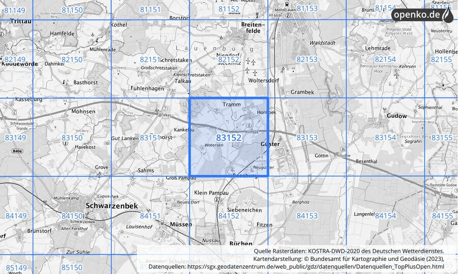 Übersichtskarte des KOSTRA-DWD-2020-Rasterfeldes Nr. 83152