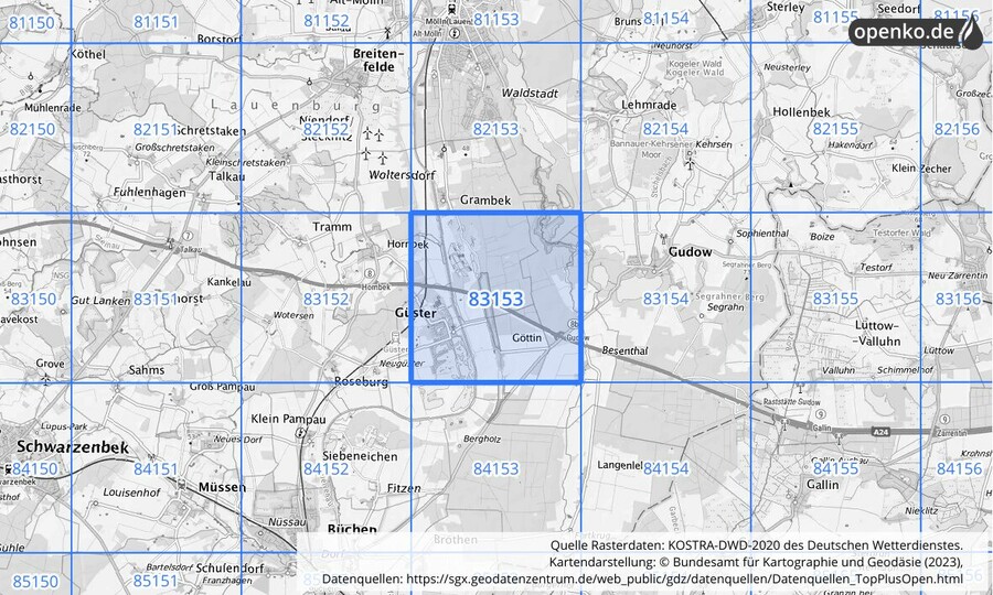 Übersichtskarte des KOSTRA-DWD-2020-Rasterfeldes Nr. 83153