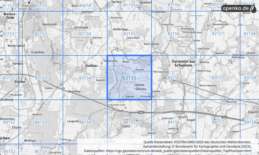 Übersichtskarte des KOSTRA-DWD-2020-Rasterfeldes Nr. 83155