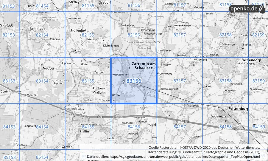 Übersichtskarte des KOSTRA-DWD-2020-Rasterfeldes Nr. 83156