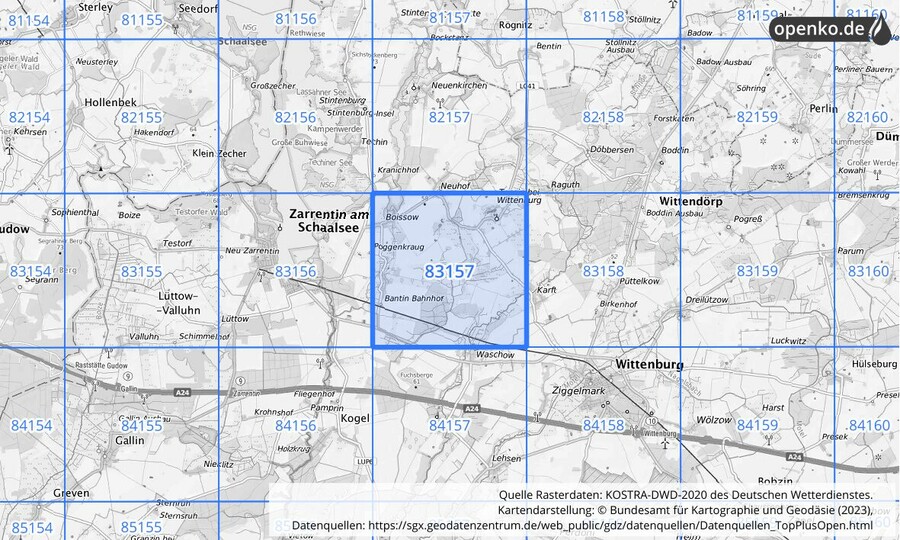 Übersichtskarte des KOSTRA-DWD-2020-Rasterfeldes Nr. 83157