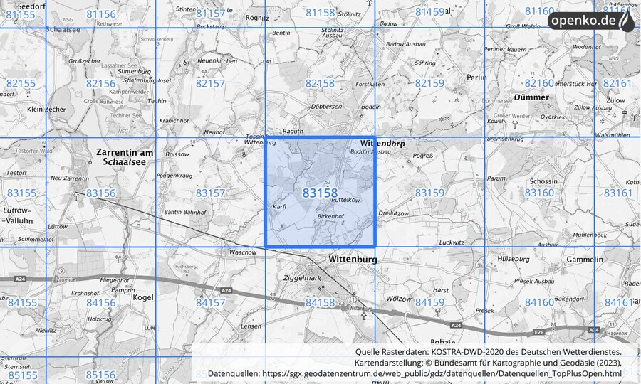 Übersichtskarte des KOSTRA-DWD-2020-Rasterfeldes Nr. 83158