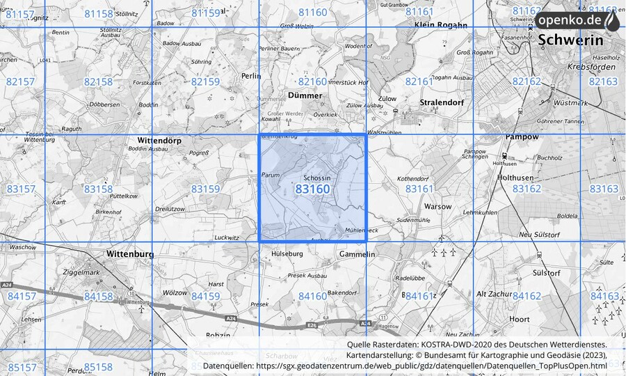 Übersichtskarte des KOSTRA-DWD-2020-Rasterfeldes Nr. 83160