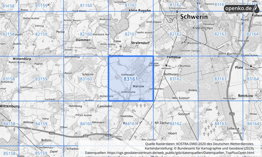 Übersichtskarte des KOSTRA-DWD-2020-Rasterfeldes Nr. 83161