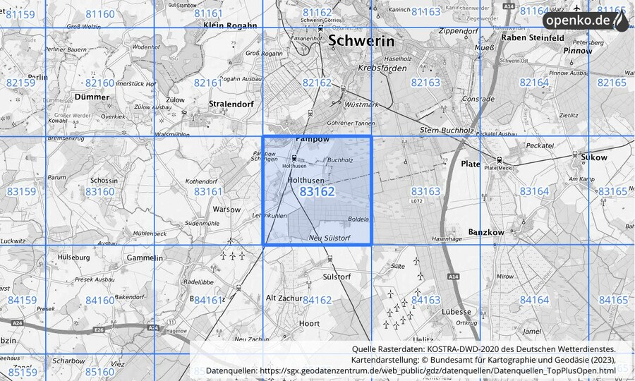 Übersichtskarte des KOSTRA-DWD-2020-Rasterfeldes Nr. 83162