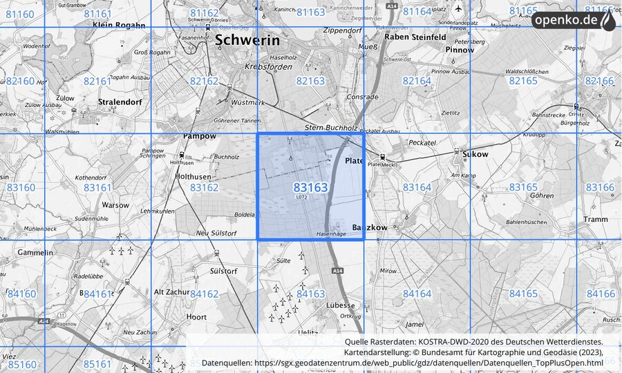 Übersichtskarte des KOSTRA-DWD-2020-Rasterfeldes Nr. 83163