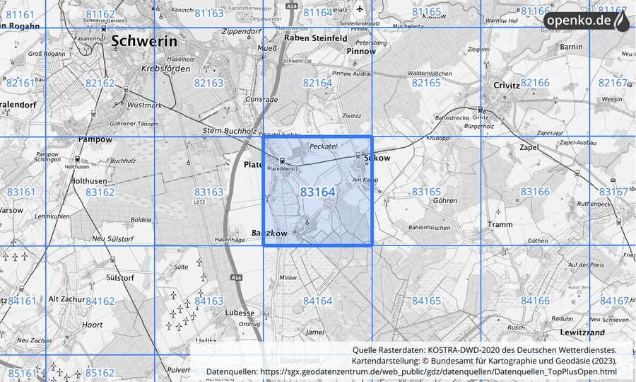 Übersichtskarte des KOSTRA-DWD-2020-Rasterfeldes Nr. 83164