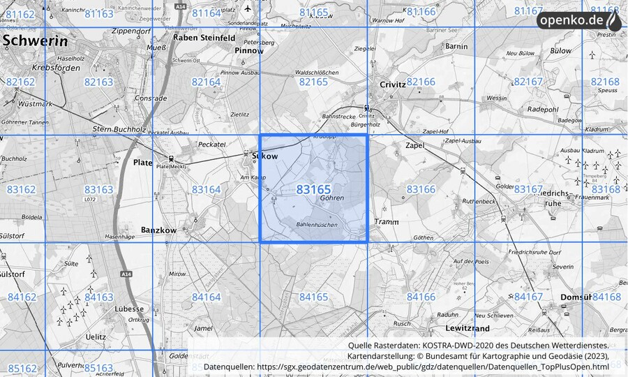 Übersichtskarte des KOSTRA-DWD-2020-Rasterfeldes Nr. 83165