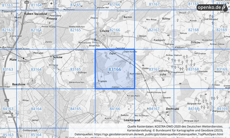 Übersichtskarte des KOSTRA-DWD-2020-Rasterfeldes Nr. 83166