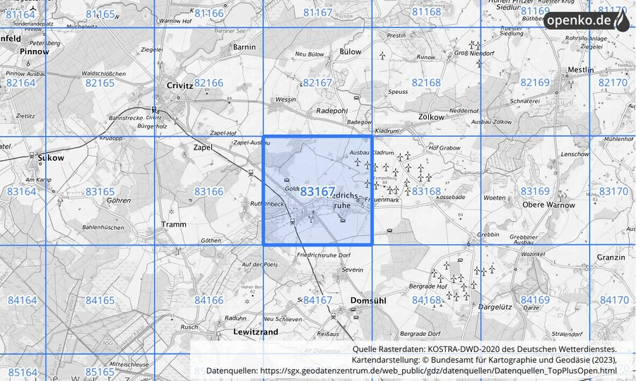 Übersichtskarte des KOSTRA-DWD-2020-Rasterfeldes Nr. 83167