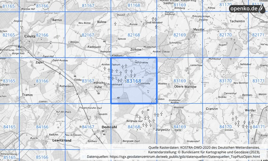 Übersichtskarte des KOSTRA-DWD-2020-Rasterfeldes Nr. 83168
