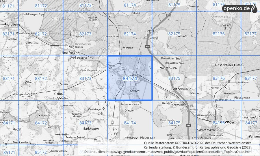 Übersichtskarte des KOSTRA-DWD-2020-Rasterfeldes Nr. 83174