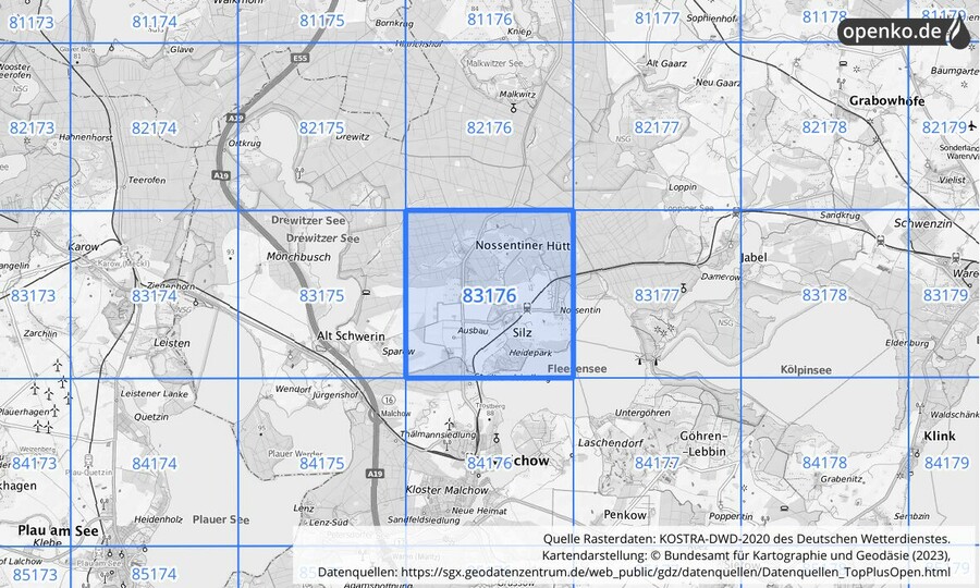 Übersichtskarte des KOSTRA-DWD-2020-Rasterfeldes Nr. 83176