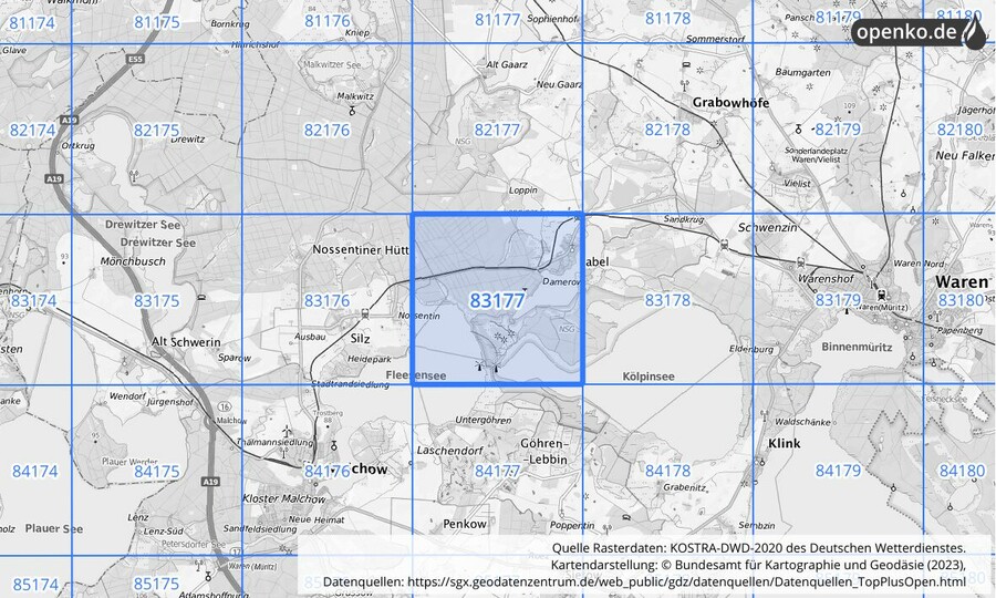 Übersichtskarte des KOSTRA-DWD-2020-Rasterfeldes Nr. 83177