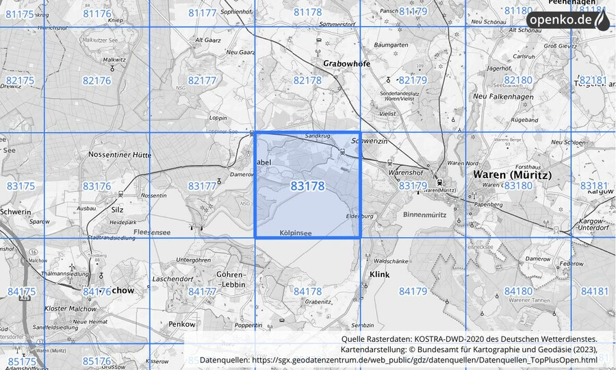 Übersichtskarte des KOSTRA-DWD-2020-Rasterfeldes Nr. 83178