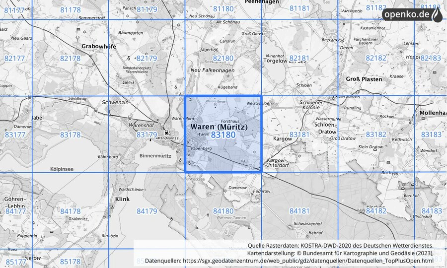 Übersichtskarte des KOSTRA-DWD-2020-Rasterfeldes Nr. 83180