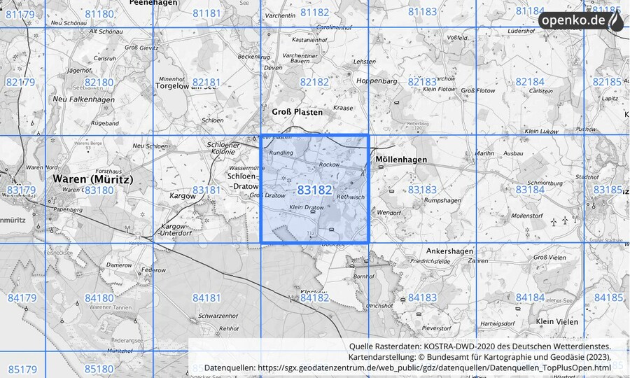 Übersichtskarte des KOSTRA-DWD-2020-Rasterfeldes Nr. 83182