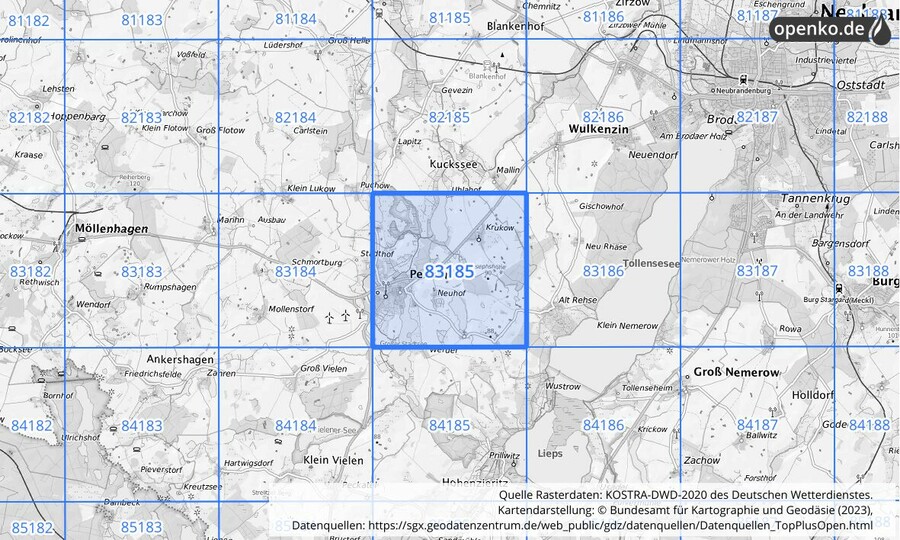 Übersichtskarte des KOSTRA-DWD-2020-Rasterfeldes Nr. 83185