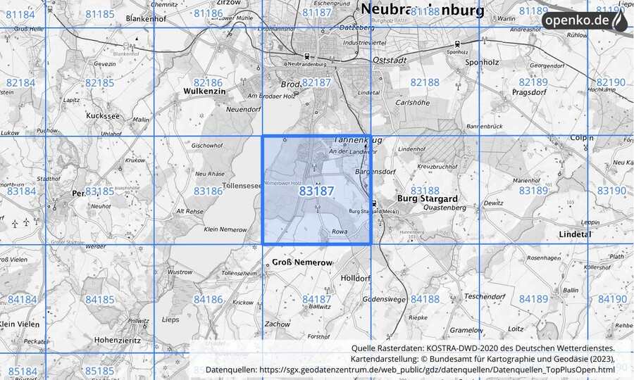 Übersichtskarte des KOSTRA-DWD-2020-Rasterfeldes Nr. 83187