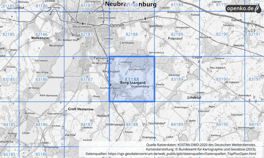 Übersichtskarte des KOSTRA-DWD-2020-Rasterfeldes Nr. 83188