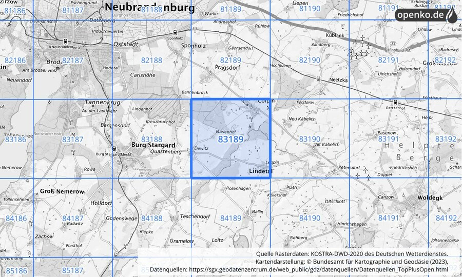 Übersichtskarte des KOSTRA-DWD-2020-Rasterfeldes Nr. 83189