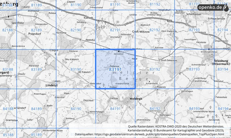 Übersichtskarte des KOSTRA-DWD-2020-Rasterfeldes Nr. 83191