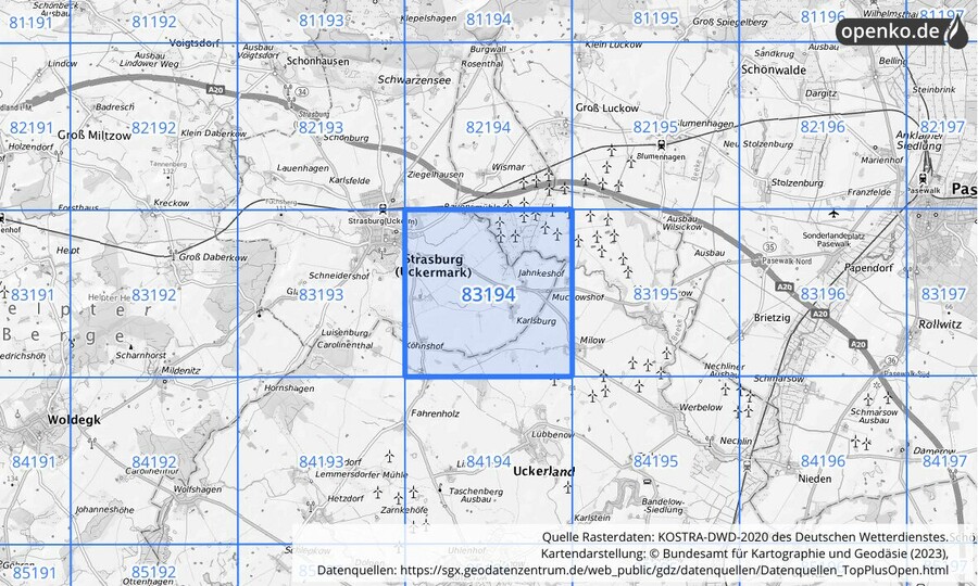 Übersichtskarte des KOSTRA-DWD-2020-Rasterfeldes Nr. 83194